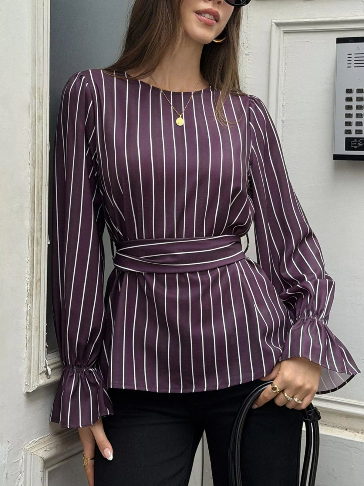Striped Flounce Sleeves Blouse - Purple - View 4