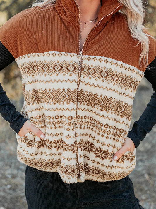 Geometric Print Fleece Metal Zipper Collar Patchwork Design Vest - Caramel - View 1