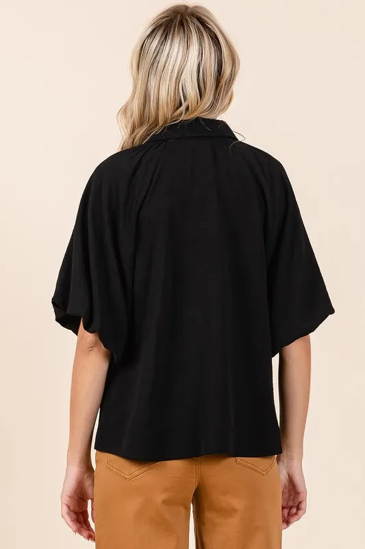 Mittoshop Airflow Short Bubble Sleeve Button Down Shirt - Black - View 2