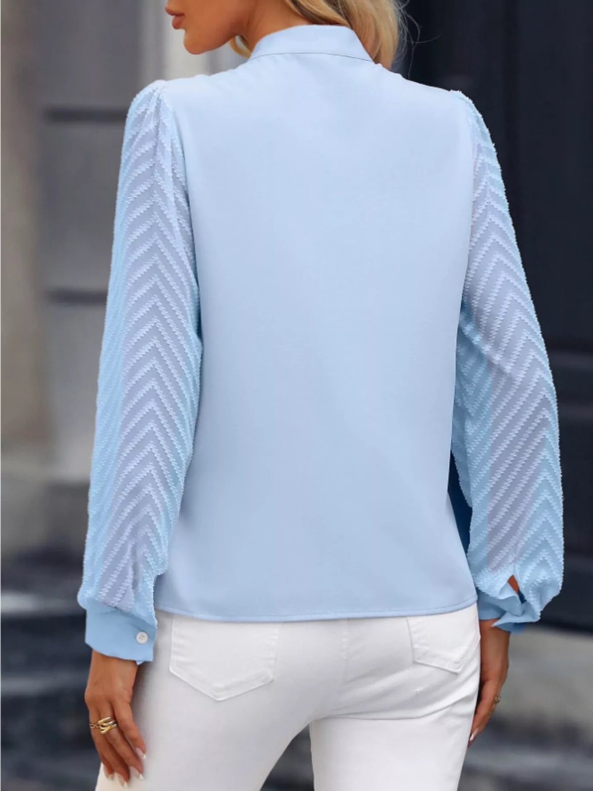 Notched Long Sleeve Blouse - Sky Blue - View 9