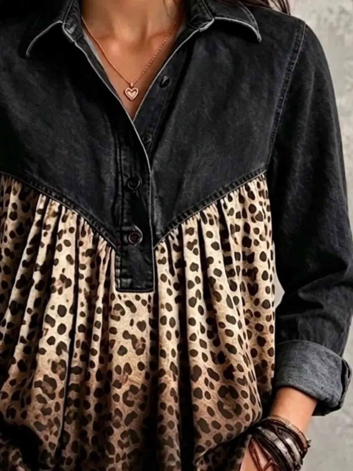 Full Size Leopard Button Detail Blouse Plus Size - Black - View 3