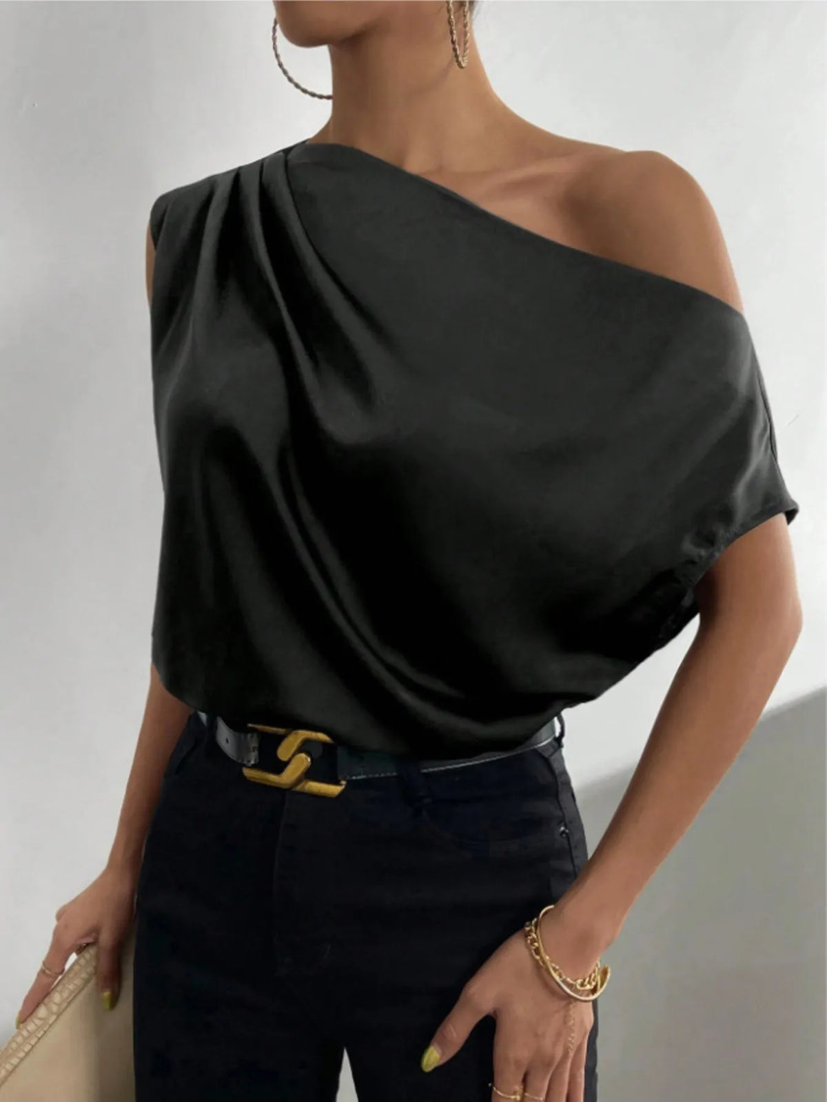 Asymmetrical One-Shoulder Draped Blouse - Black - View 6