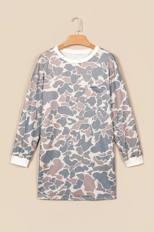 Botanical Camo Print Long Sleeve Pocket Mini Dress - Gray - View 2
