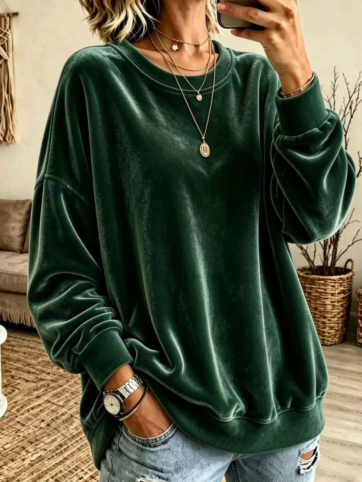 Full Size Solid Color Crew Neck Sweatshirt Plus Size - Dark Green - View 13