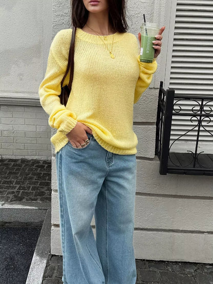 Crew Neck Dropped Shoulder Sweater - Yellow - View 4