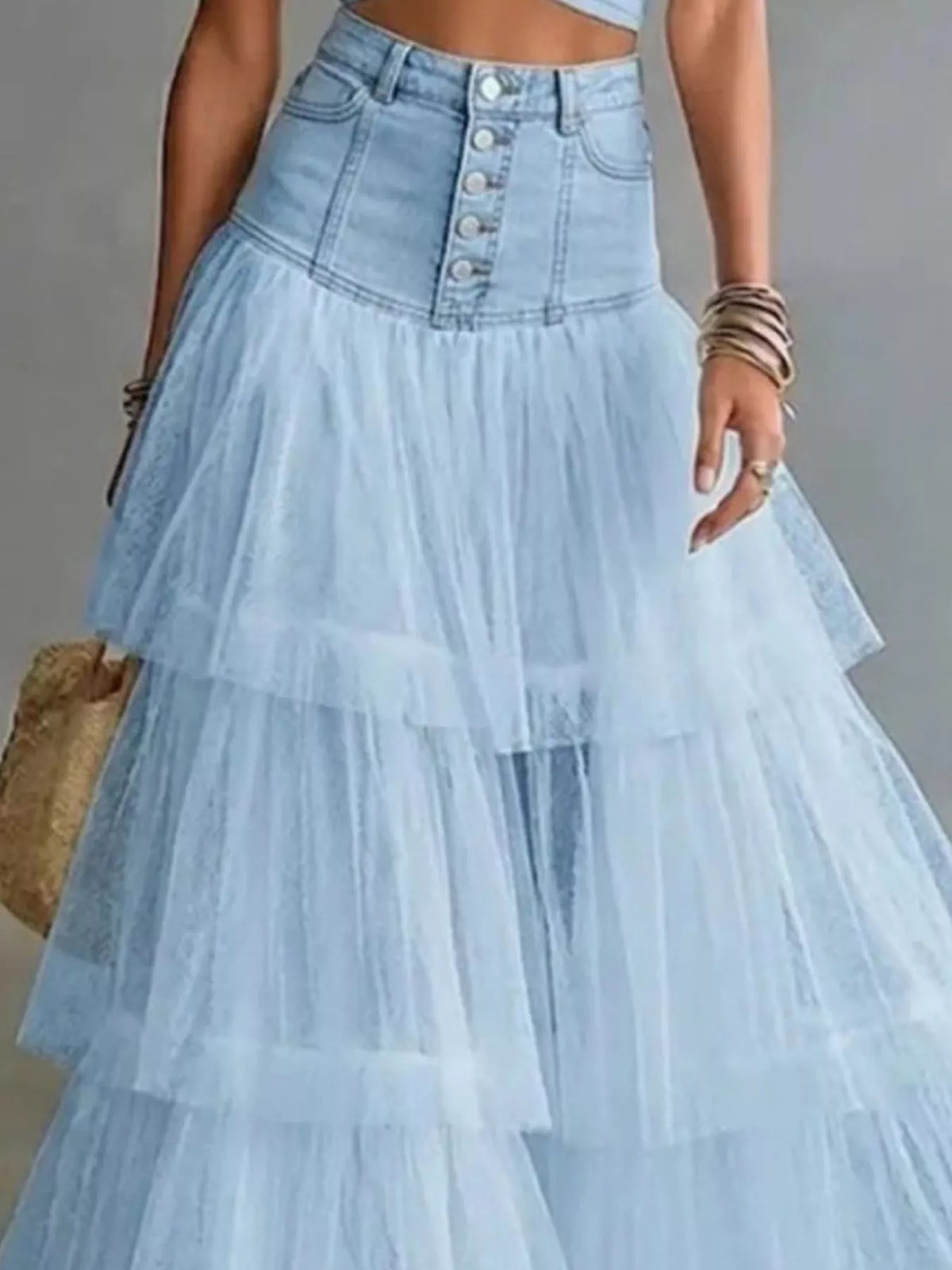 High-Waisted Button-Front Denim and Tulle Maxi Skirt - Light Blue - View 3