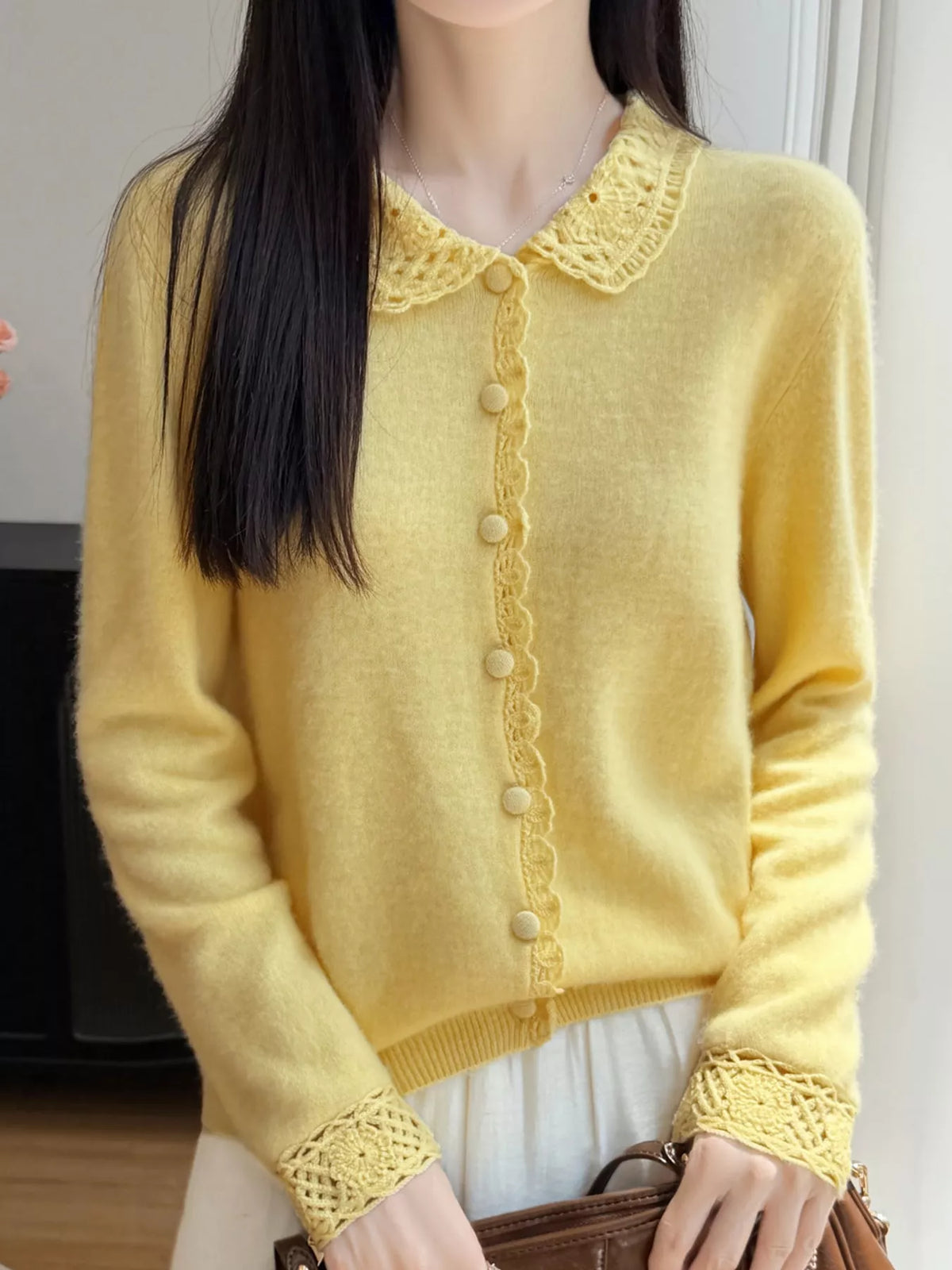 Lace-Collar Button Down Knit Cardigan - Yellow - View 23