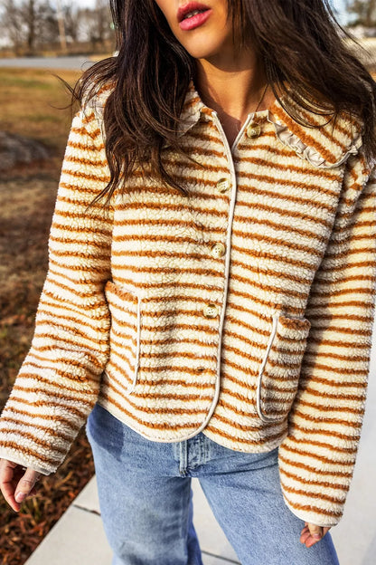 Striped Fleece Button Front Long Sleeve Regular Fit Jacket - Tan - View 6