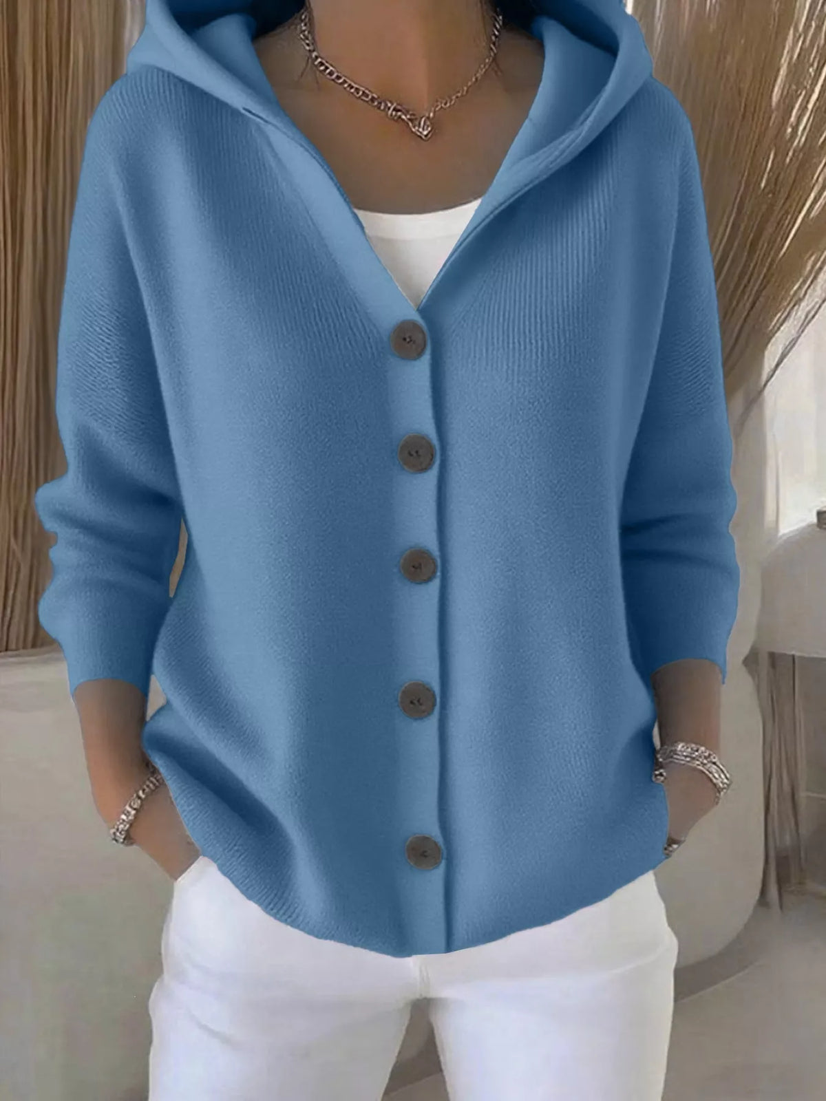 Full Size Hooded Button-Down Knit Cardigan Plus Size - Dusty Blue - View 6