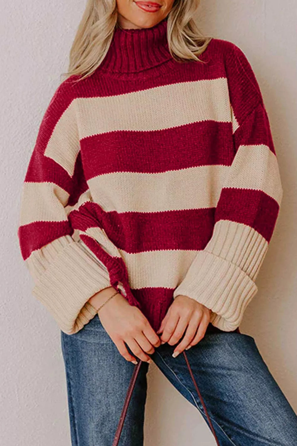 Stripe Ribbed Trim High Neck Relaxed Pullover Sweater - Burgundy - View 1