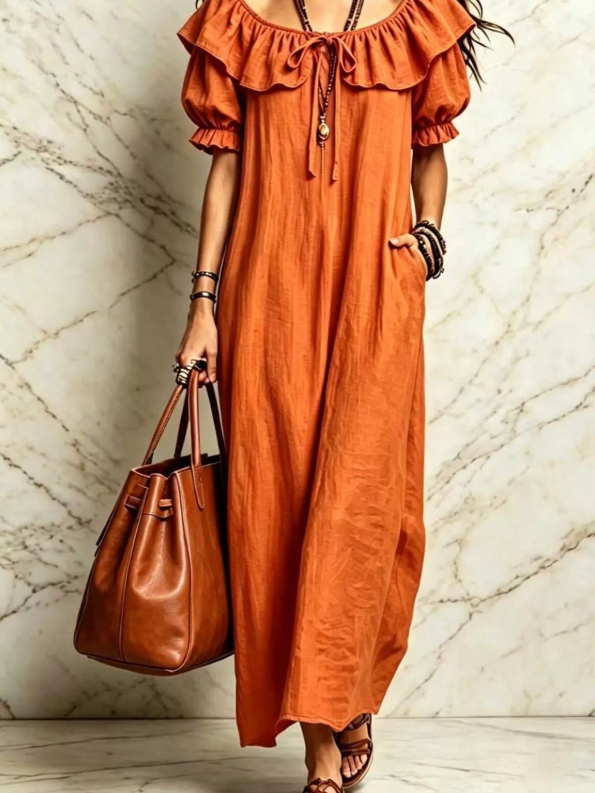 Ruffle Trim Puff Sleeve Maxi Dress - Orange - View 3