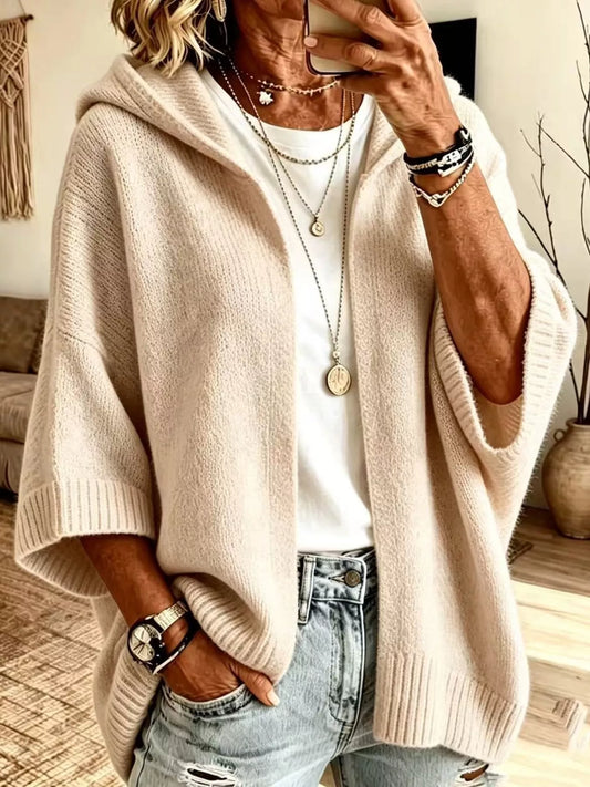 Full Size Hooded Open-Front Knit Cardigan Plus Size - Apricot Color - View 1