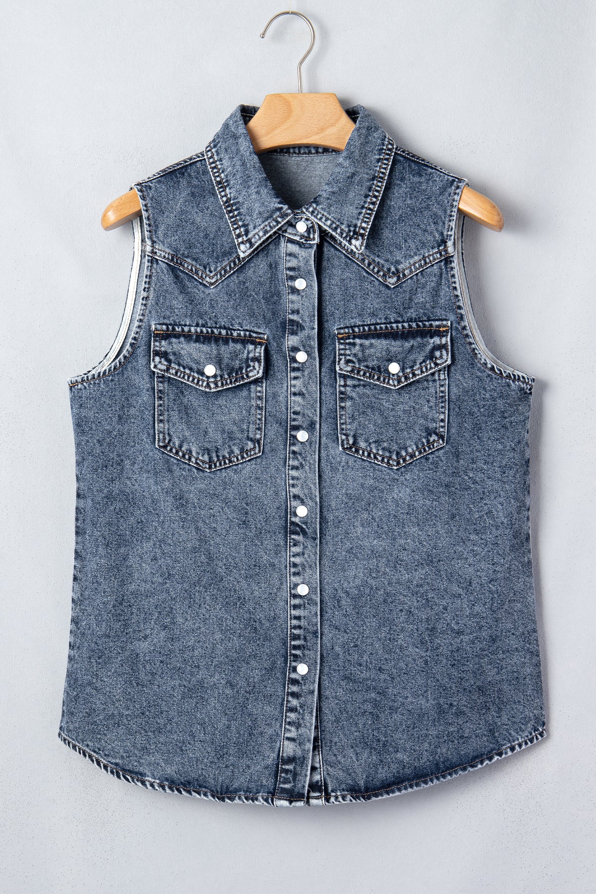 Ashleigh Blue Solid Denim Button Front Pocket Sleeveless Cowboy Vest - Ashleigh Blue - 8