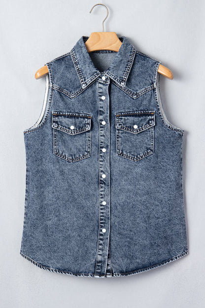 Ashleigh Blue Solid Denim Button Front Pocket Sleeveless Cowboy Vest - Ashleigh Blue - 8