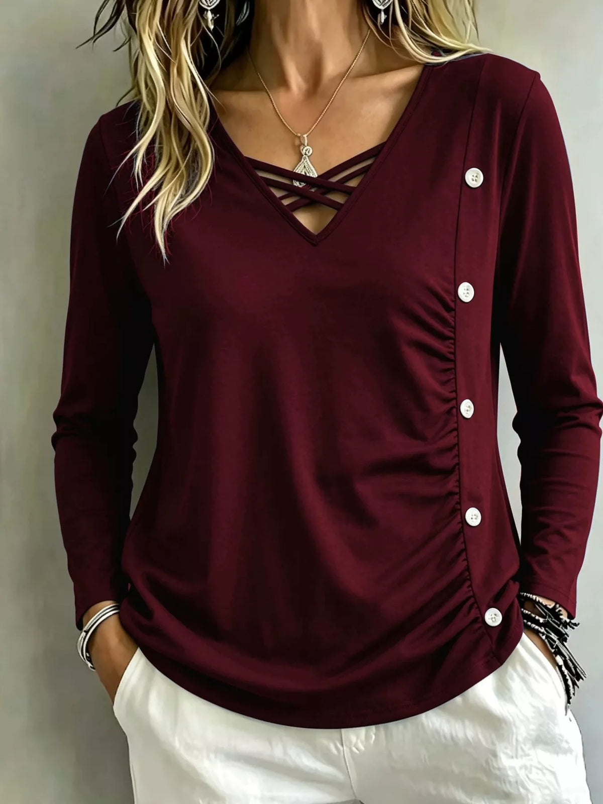 Plus Size Decorative Button Criss-Cross Long Sleeve Top - Burgundy - View 1