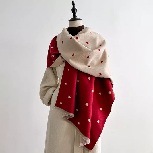 Heart-Patterned Raw Hem Winter Scarf - Deep Red - View 1