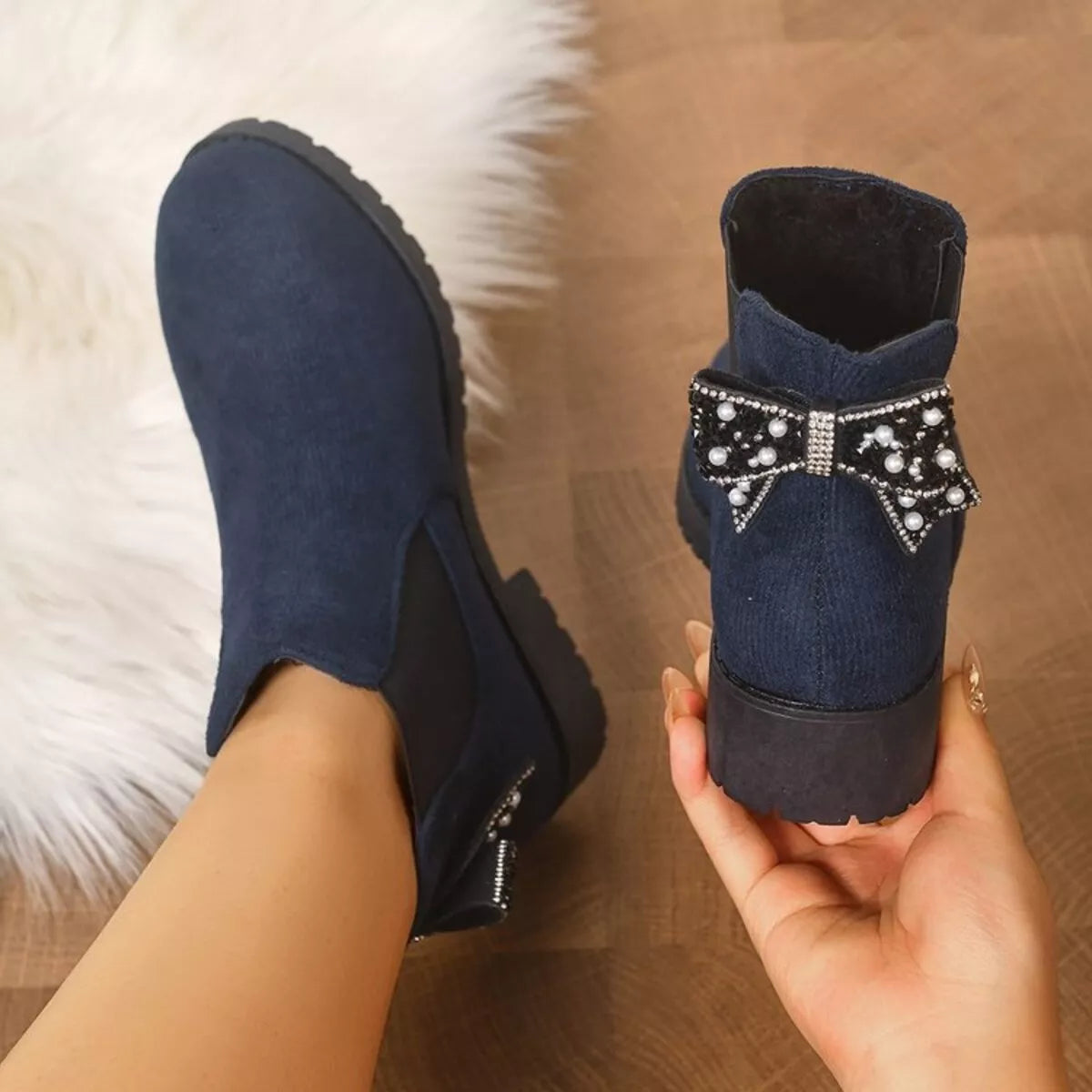 Round Toe Block Heels Boots - Navy - View 11