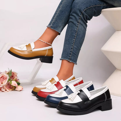 Round Toe Block Heels Loafers - Black / Brown / Blue / Red - View 1