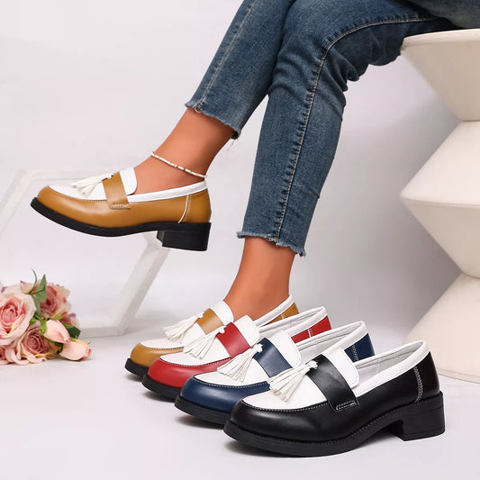 Round Toe Block Heels Loafers - Black / Brown / Blue / Red - View 1