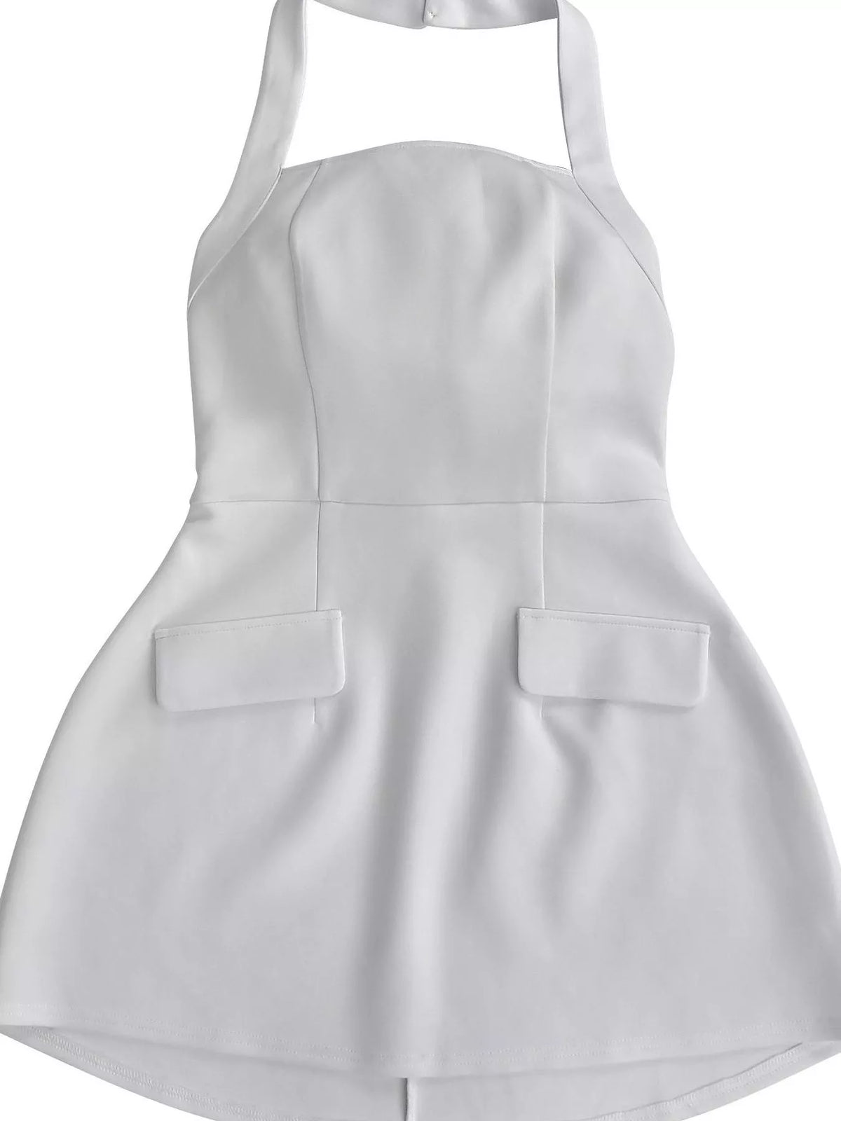 Halter Neck Mini Dress with Flap Pocket Detail - White - View 6