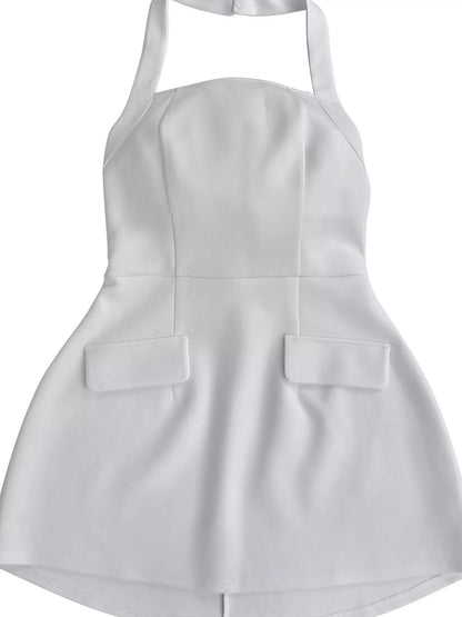 Halter Neck Mini Dress with Flap Pocket Detail - White - View 6