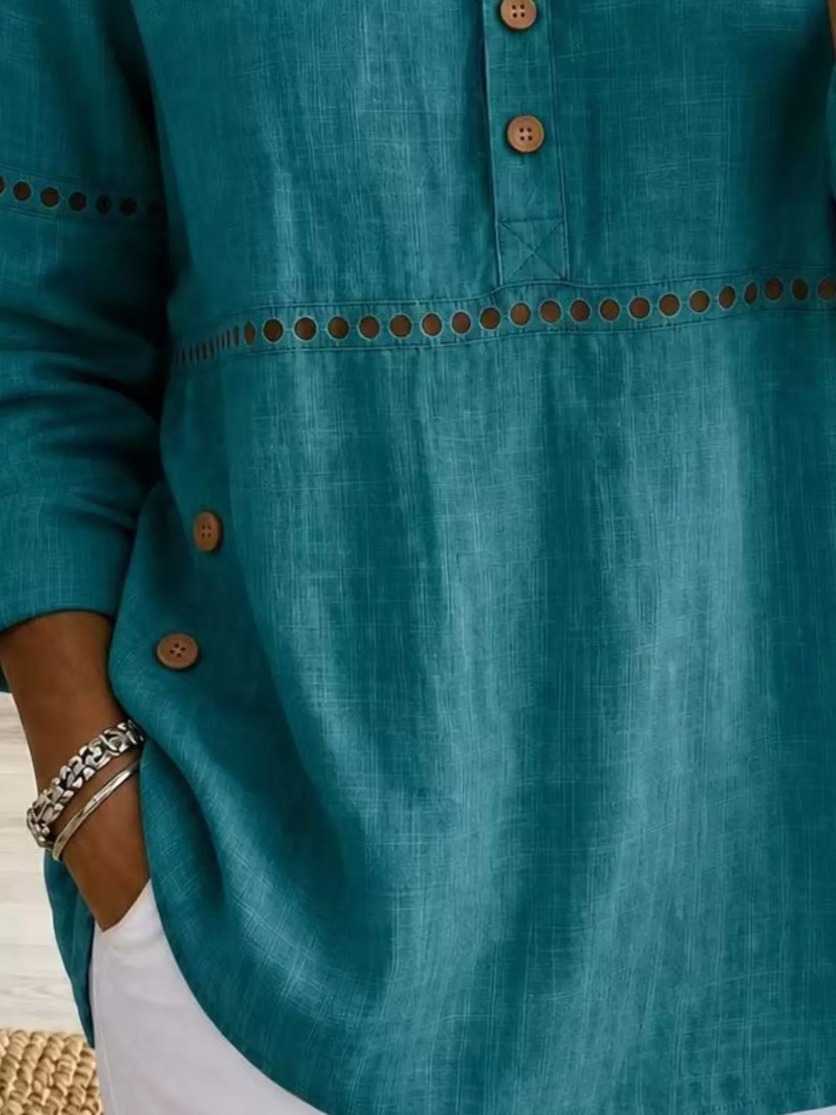 Full Size Button Detail Eyelet Long Sleeve Blouse Plus Size - Emerald - View 3