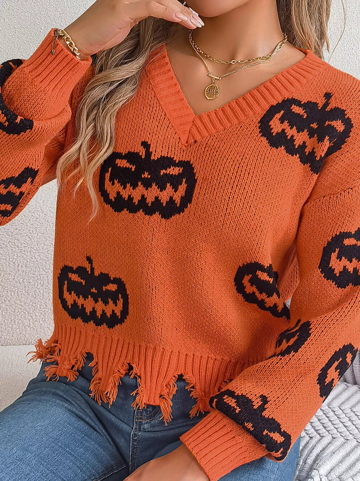 Pumpkin Distressed Hem Sweater - Orange - View 5