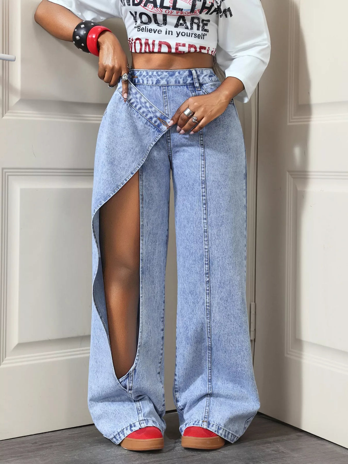 High-Waisted Asymmetric Wrap Wide-Leg Jeans - Blue - View 4