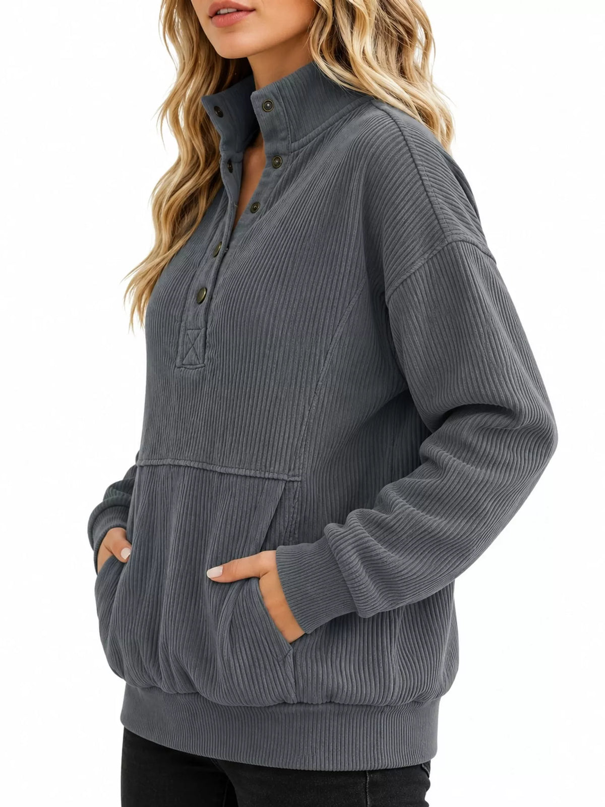 Full Size Quarter-Snap Sweatshirt with Kangaroo Pocket Plus Size - Gray - View 27