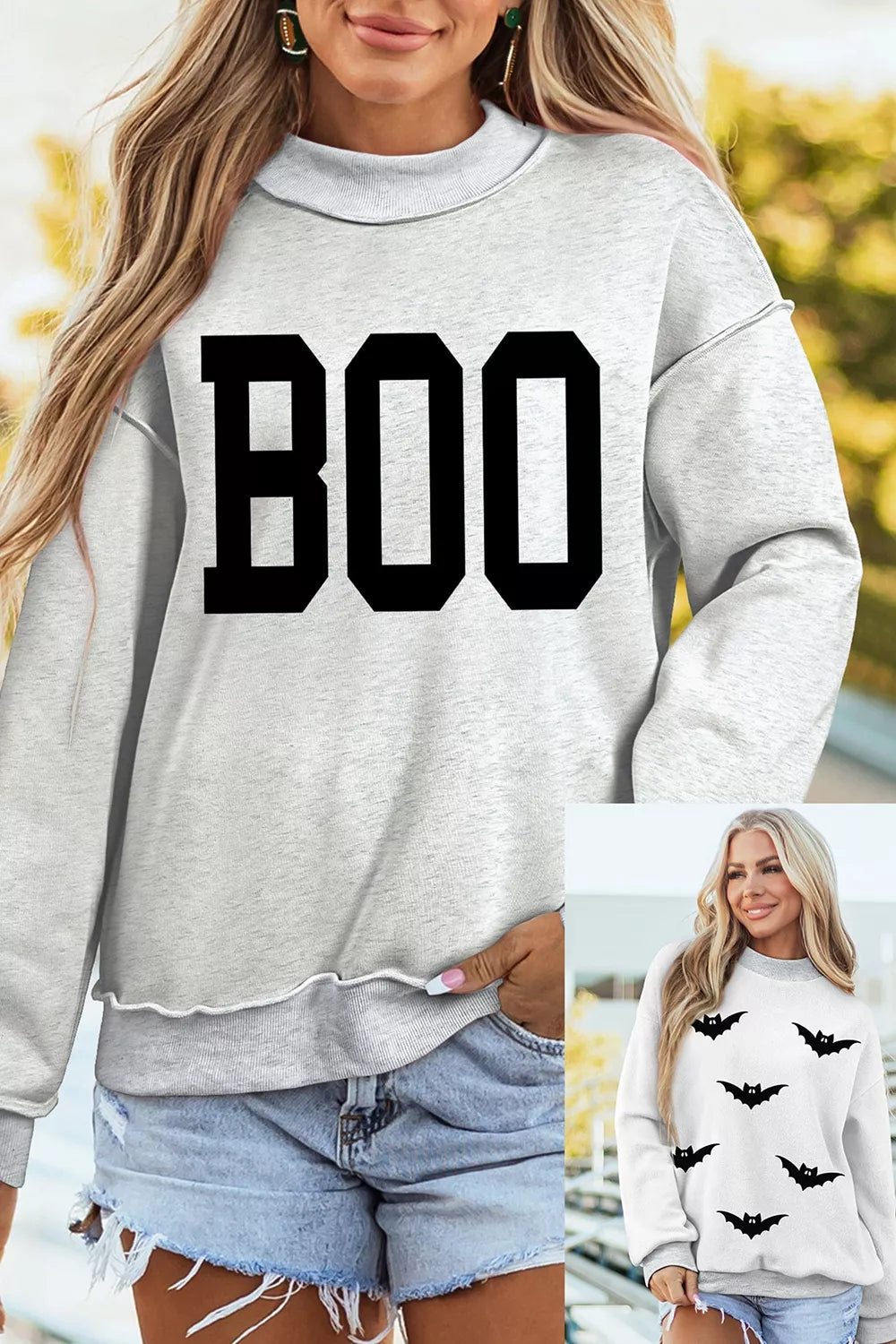 Halloween BOO & Bat Printed Reversible Mock Neck Sweatshirt - Light Gray - View 4