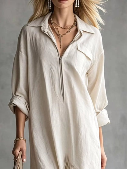 Zipper-Front Fringe Hem Midi Dress - White - View 2