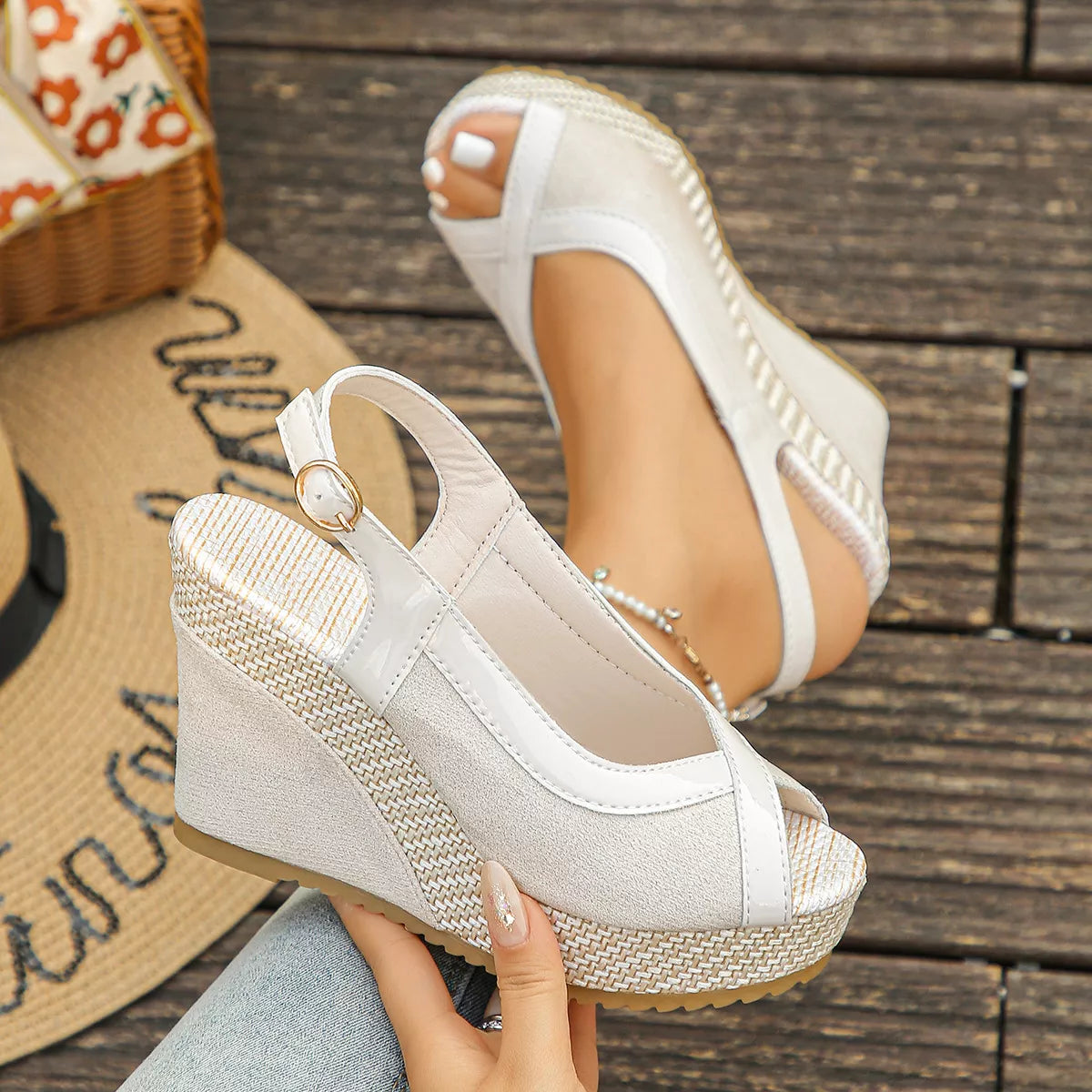 Peep Toe Wedge Sandals - Beige - View 9