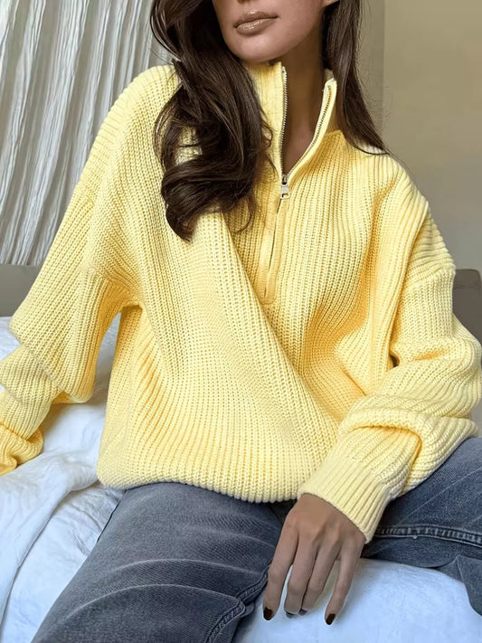 Full Size Half Zip Dropped Shoulder Sweater Plus Size - Yellow - View 2