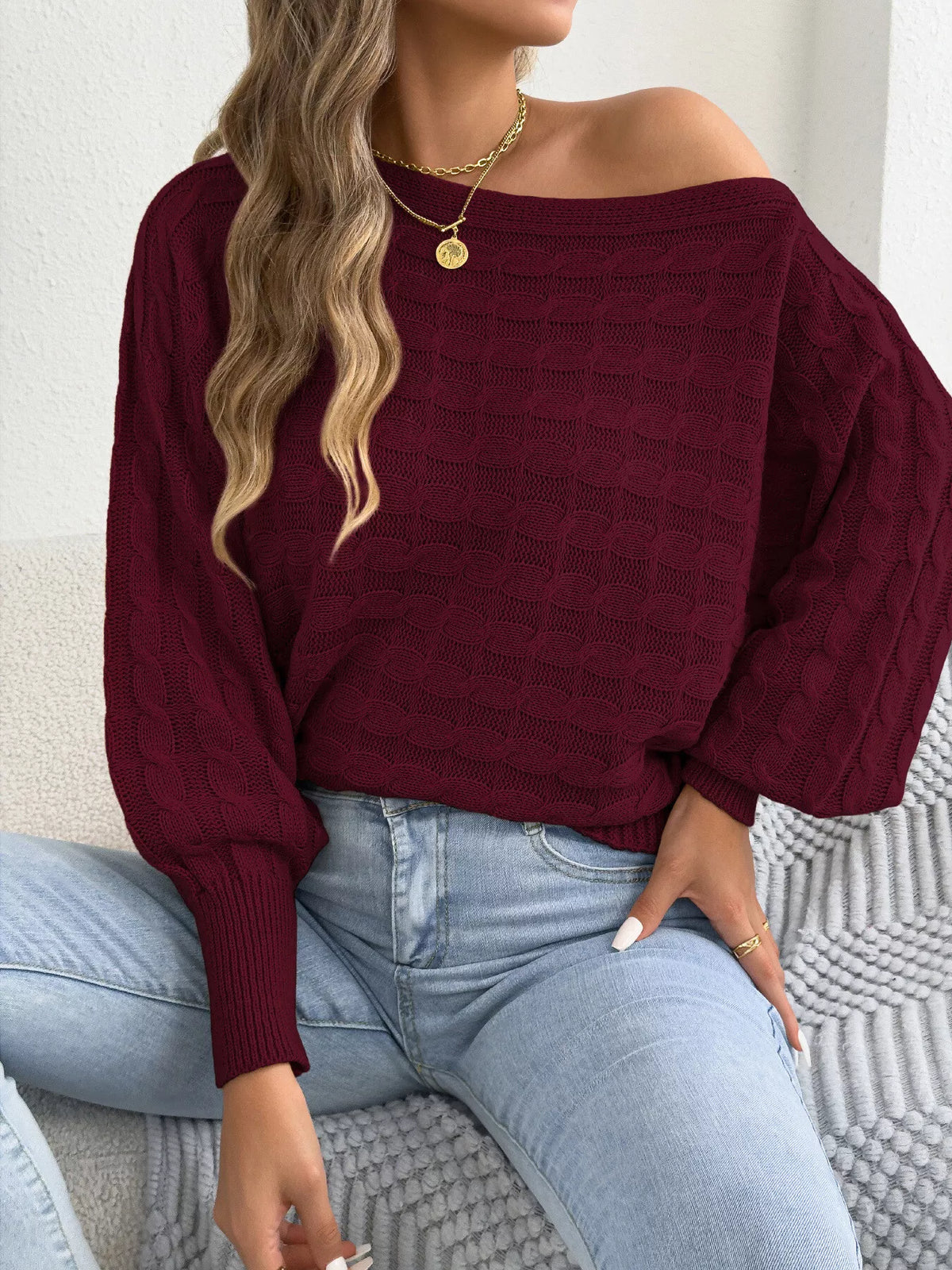 Cable Knit Boat Neck Sweater - Burgundy - View 1