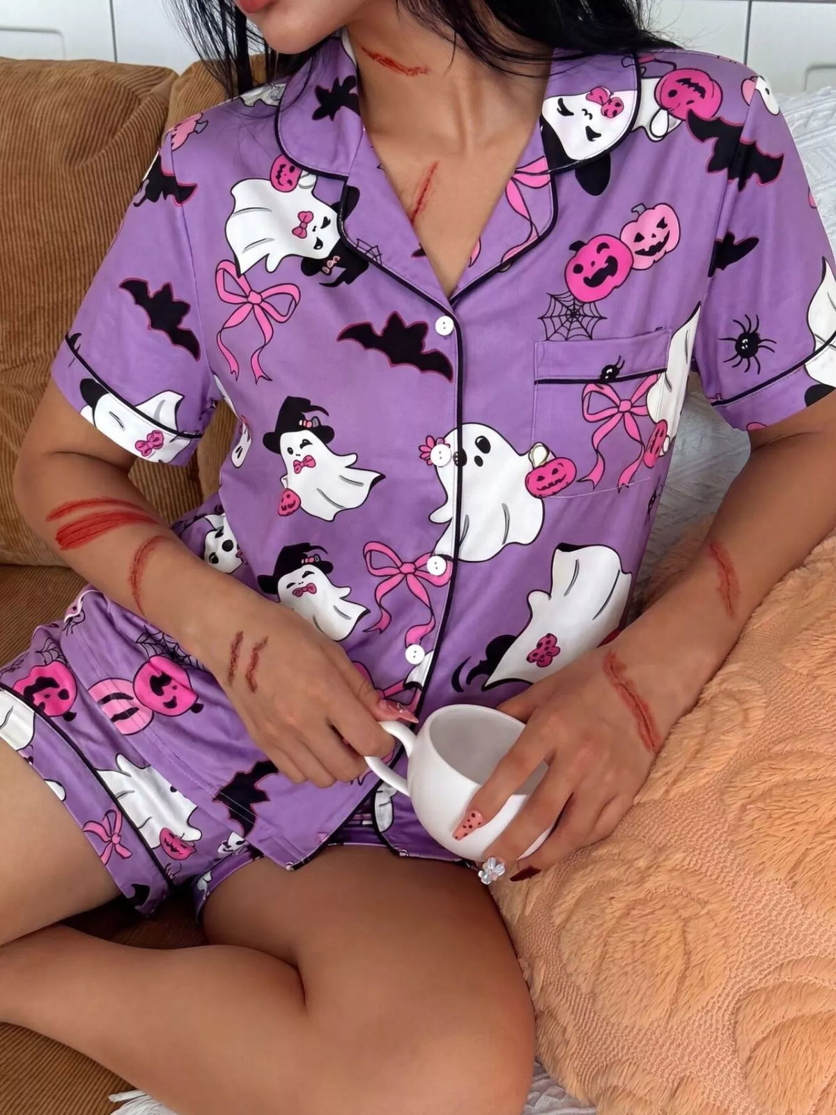 Halloween Ghost Print Button-Down Top and Shorts Lounge Set - Purple - View 2