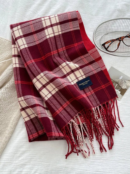 Classic Fringe Plaid Scarf - Red - View 2