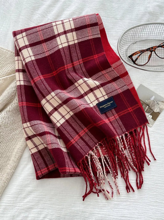 Classic Fringe Plaid Scarf - Red - View 2