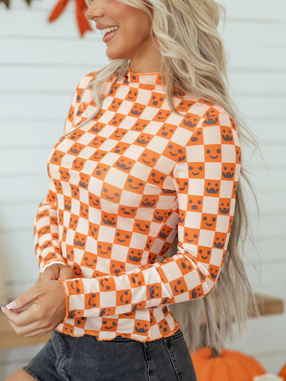 Abstract Halloween Pattern Long Sleeve Mock Neck Blouse - Sherbet - View 4
