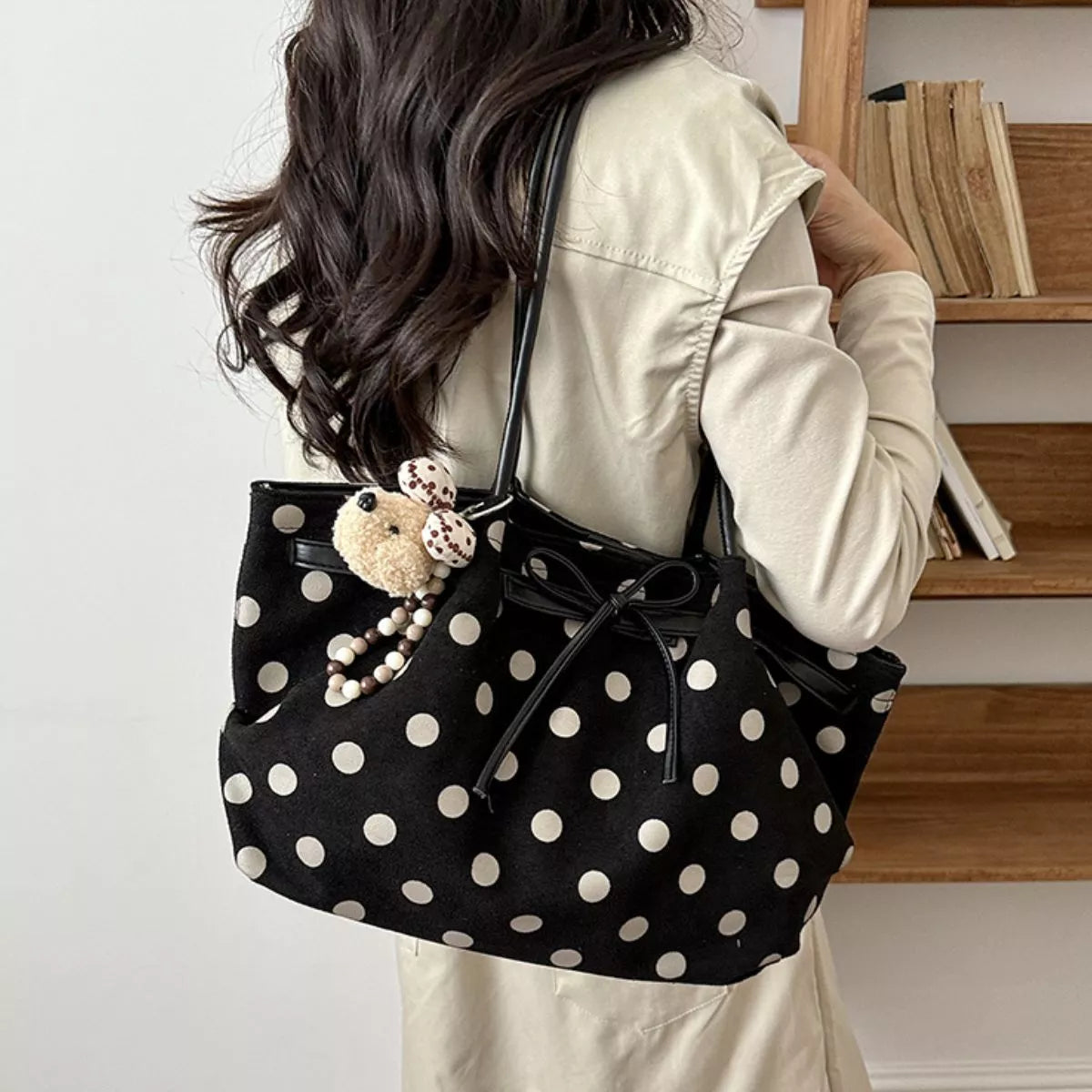 Polka Dot Shoulder Bag - Black - View 4