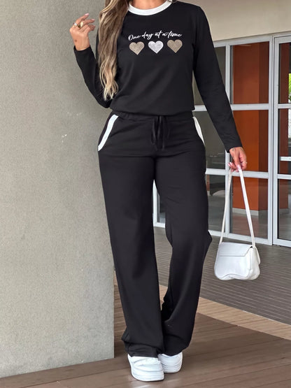 Heart Graphic Contrast Trim Top and Pants Set - Black - View 1