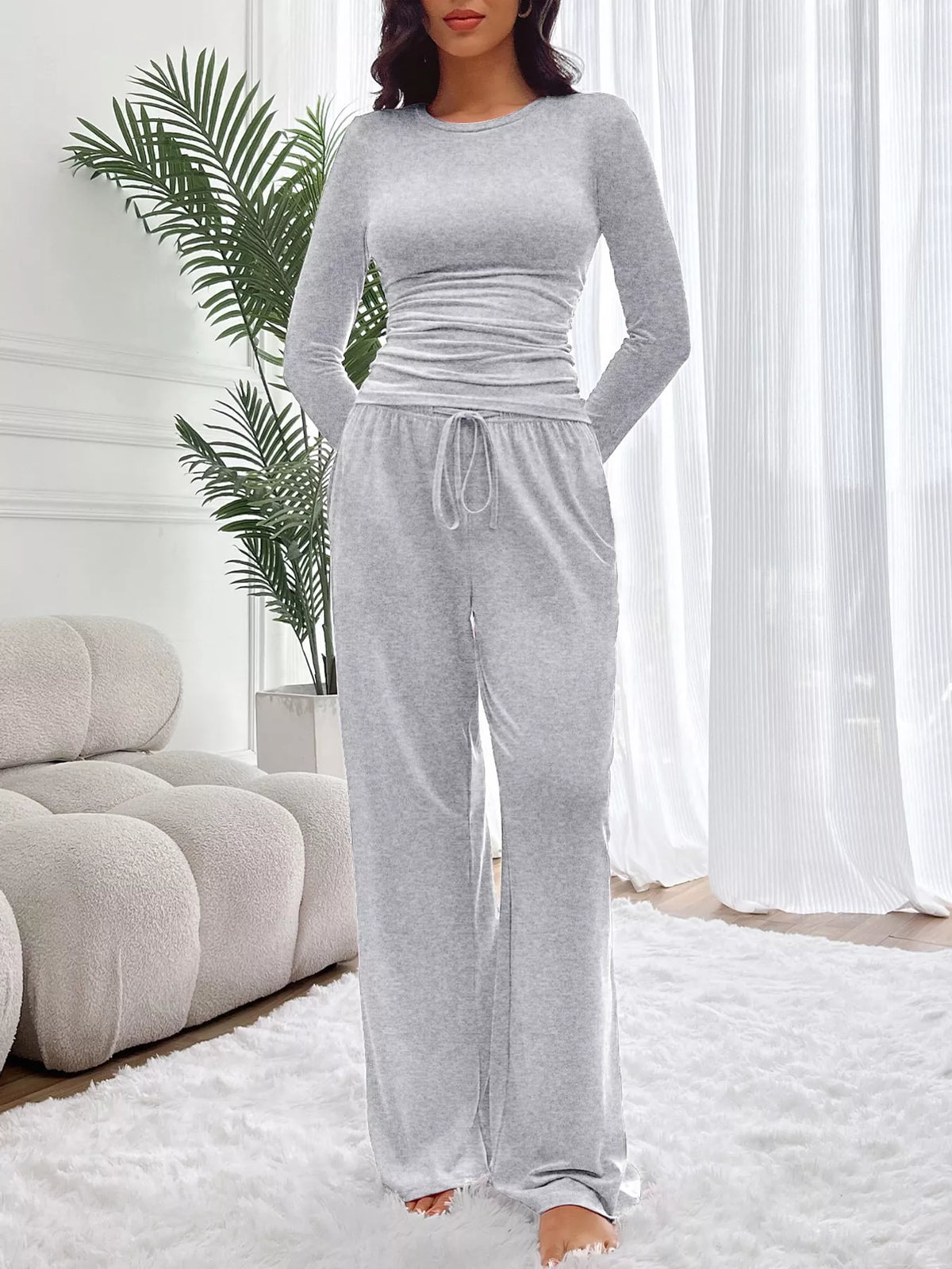 Long Sleeve Ruched Top and Wide Leg Pants Set