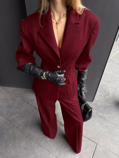 Single-Breasted Blazer and Wide-Leg Pants Set - Burgundy - View 2