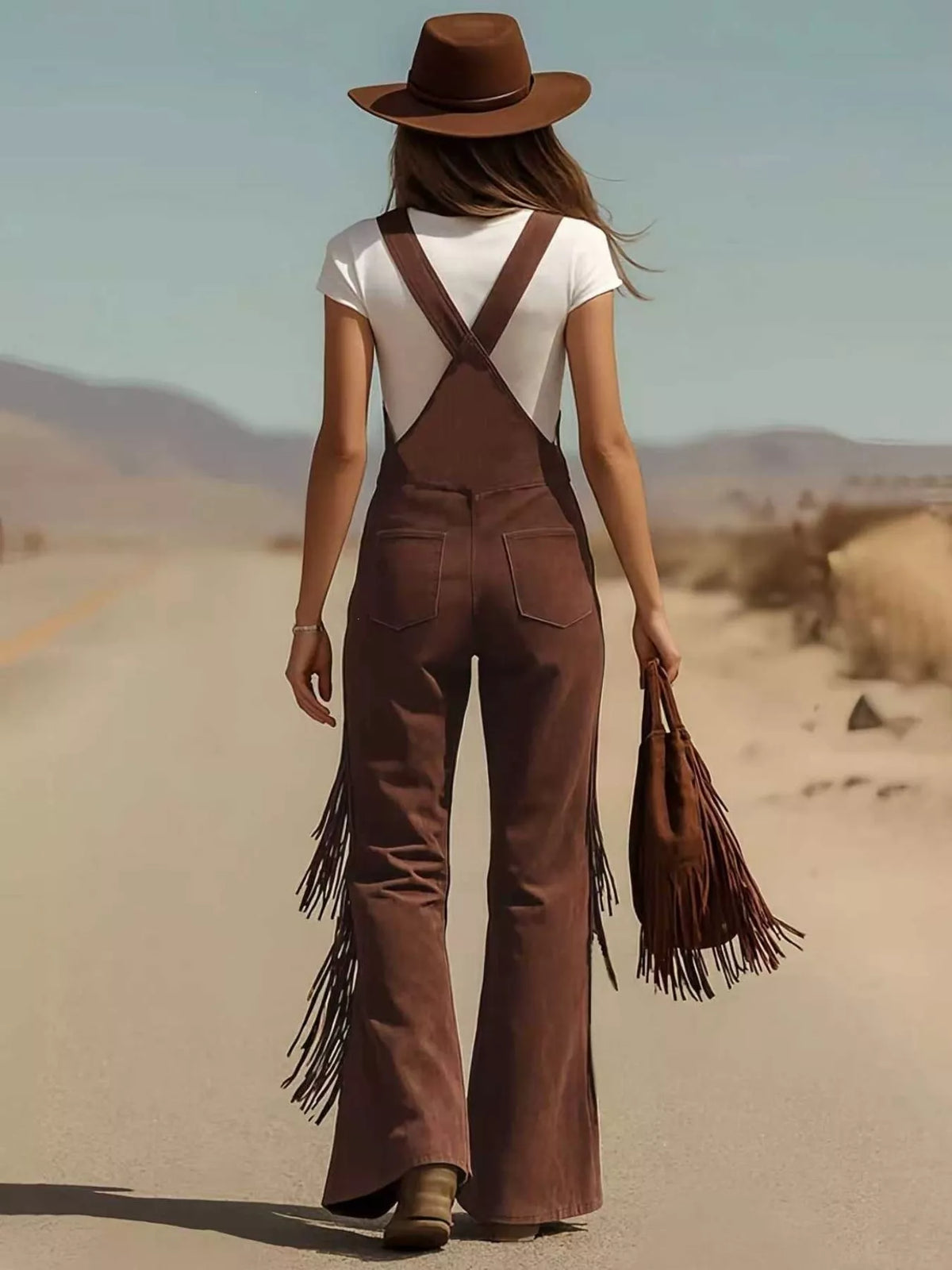 Fringe Detail Flare Leg Overalls - Burgundy - View 2