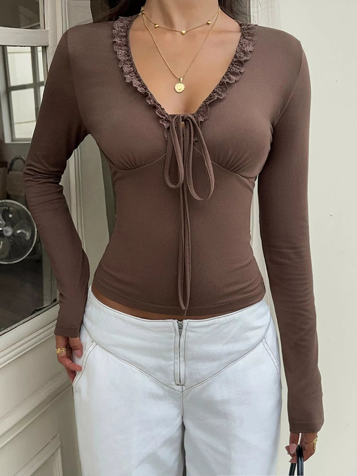 Lace-Trimmed V-Neck Long Sleeve T-Shirt - Brown - View 4