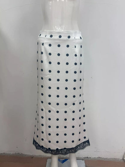 Polka Dot Midi Skirt with Lace Trim - White - View 9