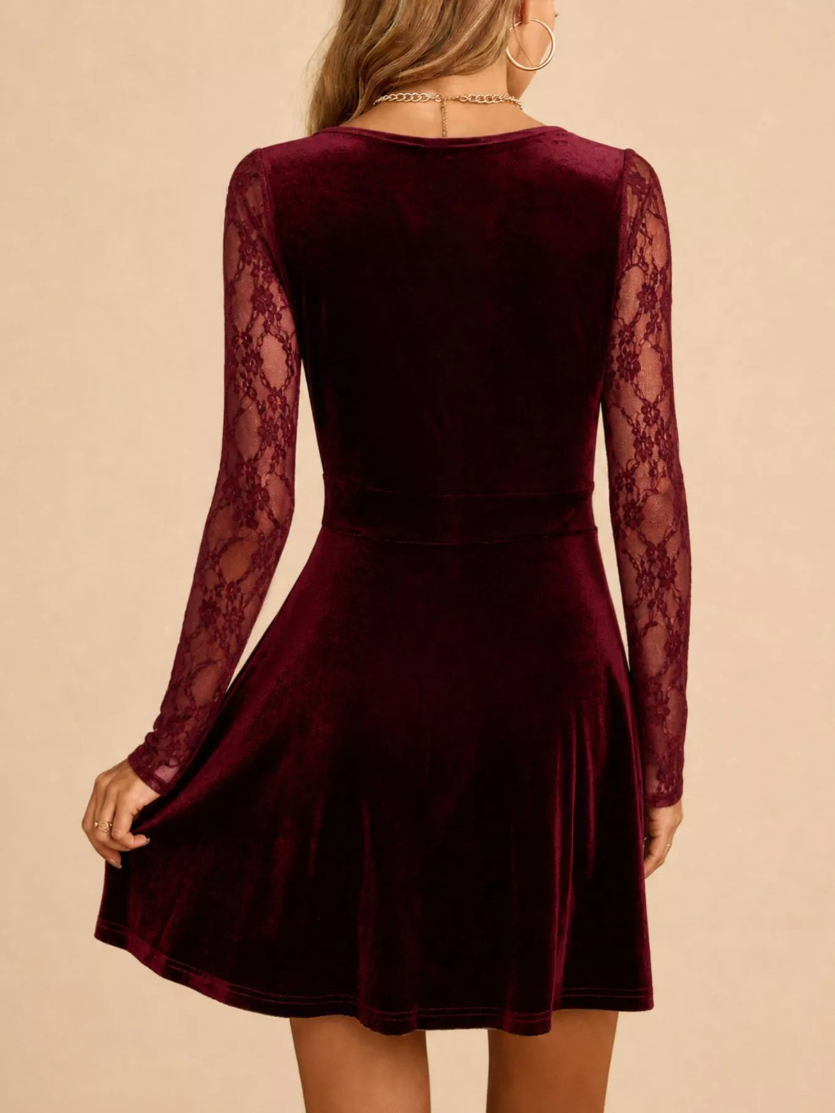 Velvet Lace Long Sleeve Mini Dress - Burgundy - View 4