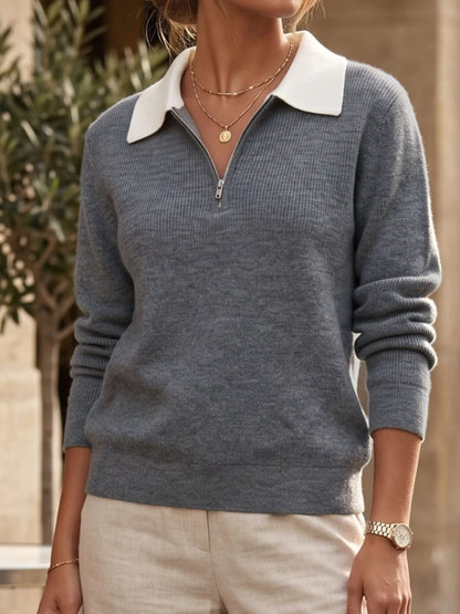 Contrast Collar Quarter Zip Sweater - Grey - View 5