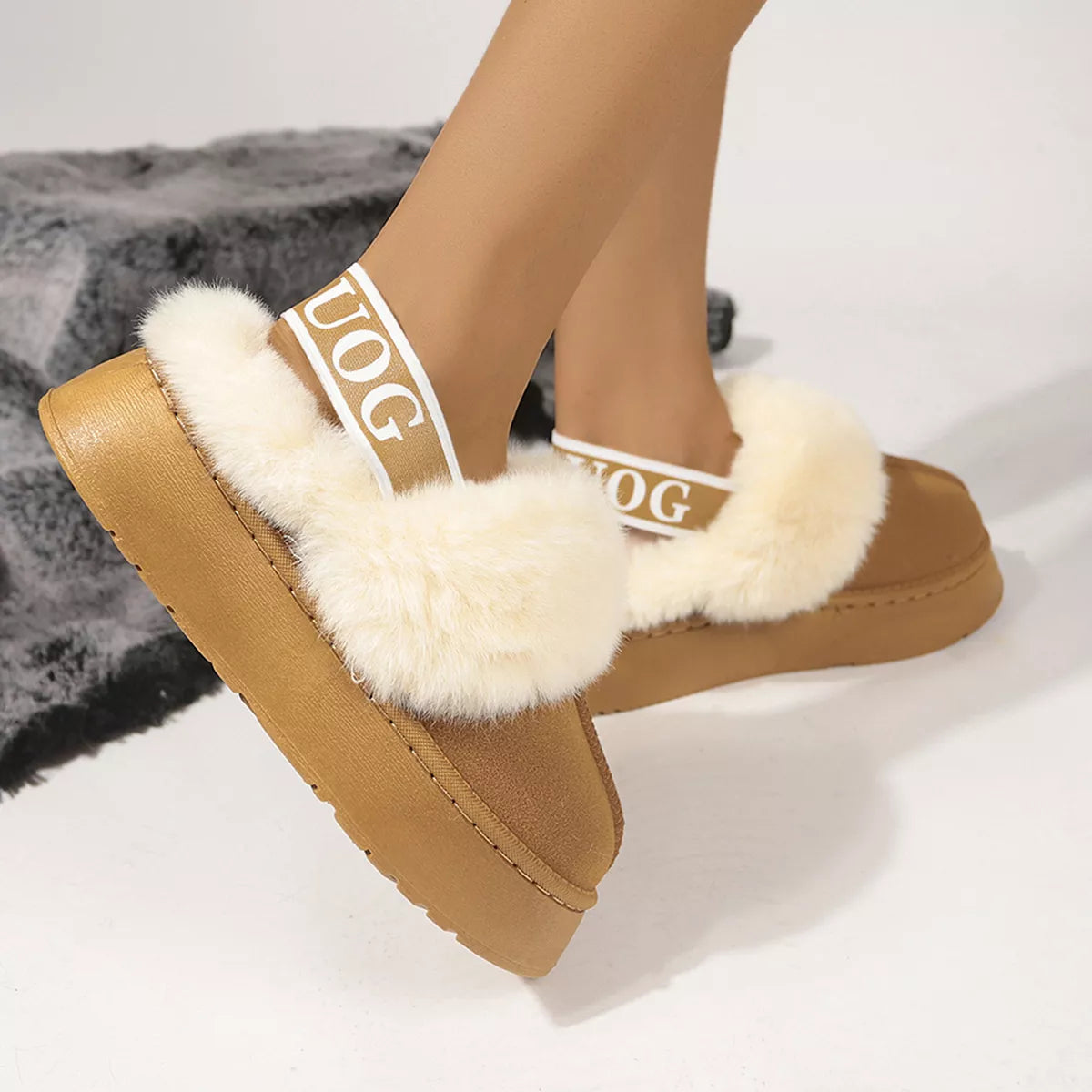 Round Toe Fur Trim Platform Slippers - Caramel - View 10