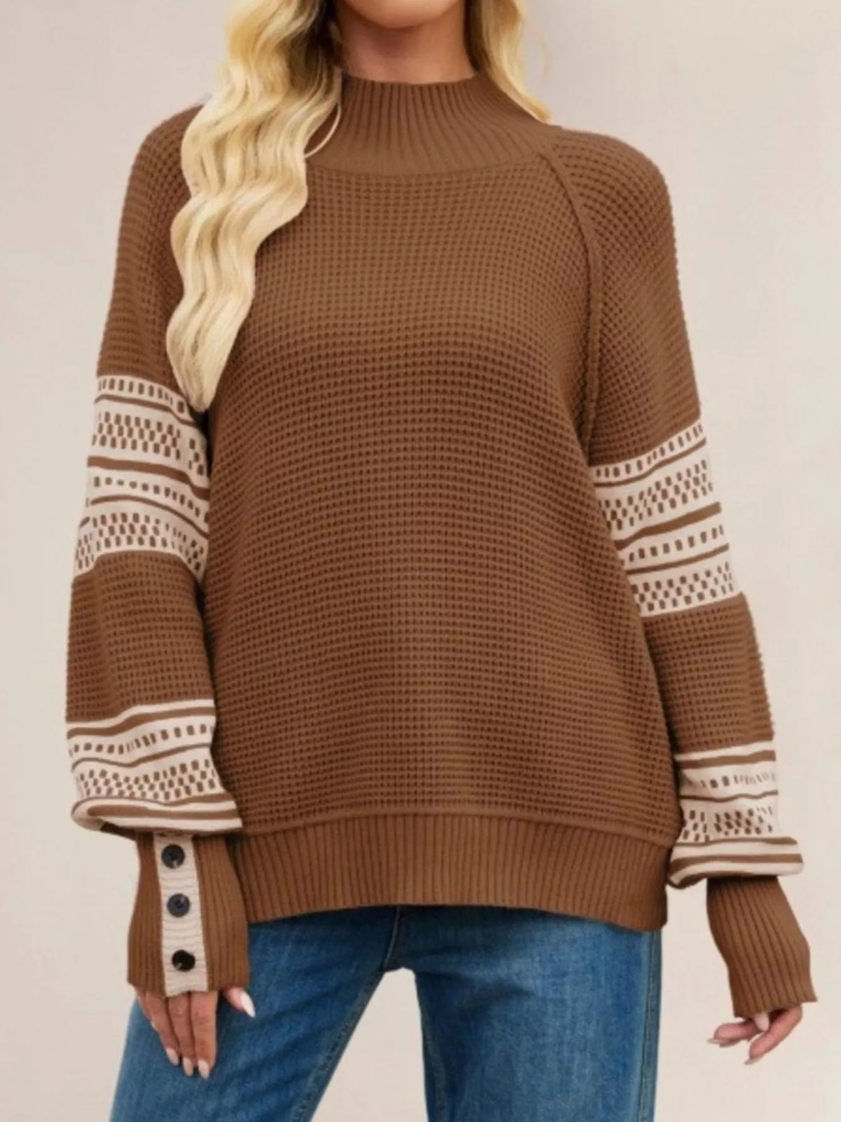Waffle Knit Mock Neck Sweater - Brown - View 1