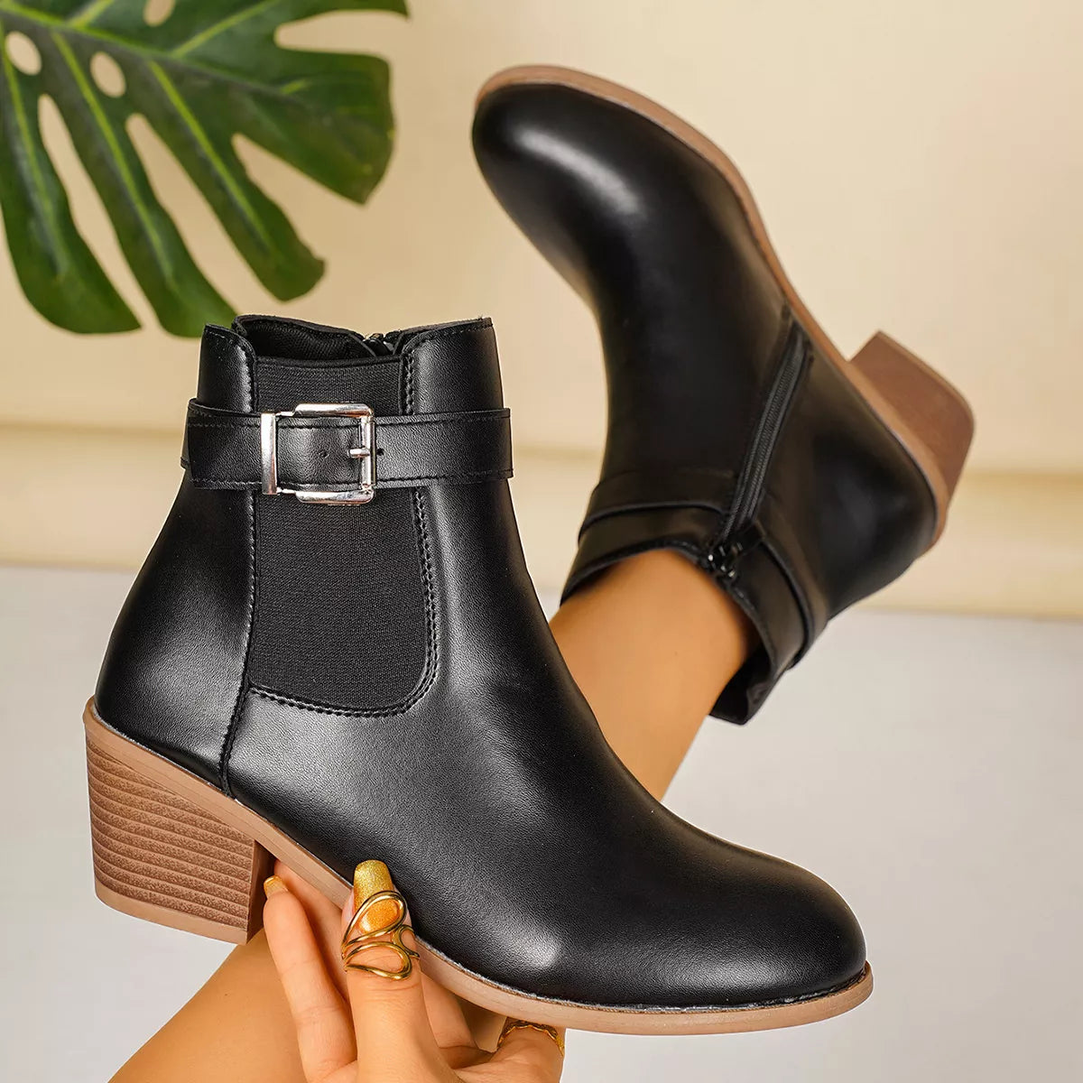 Point Toe Block Heels Boots - Black - View 6